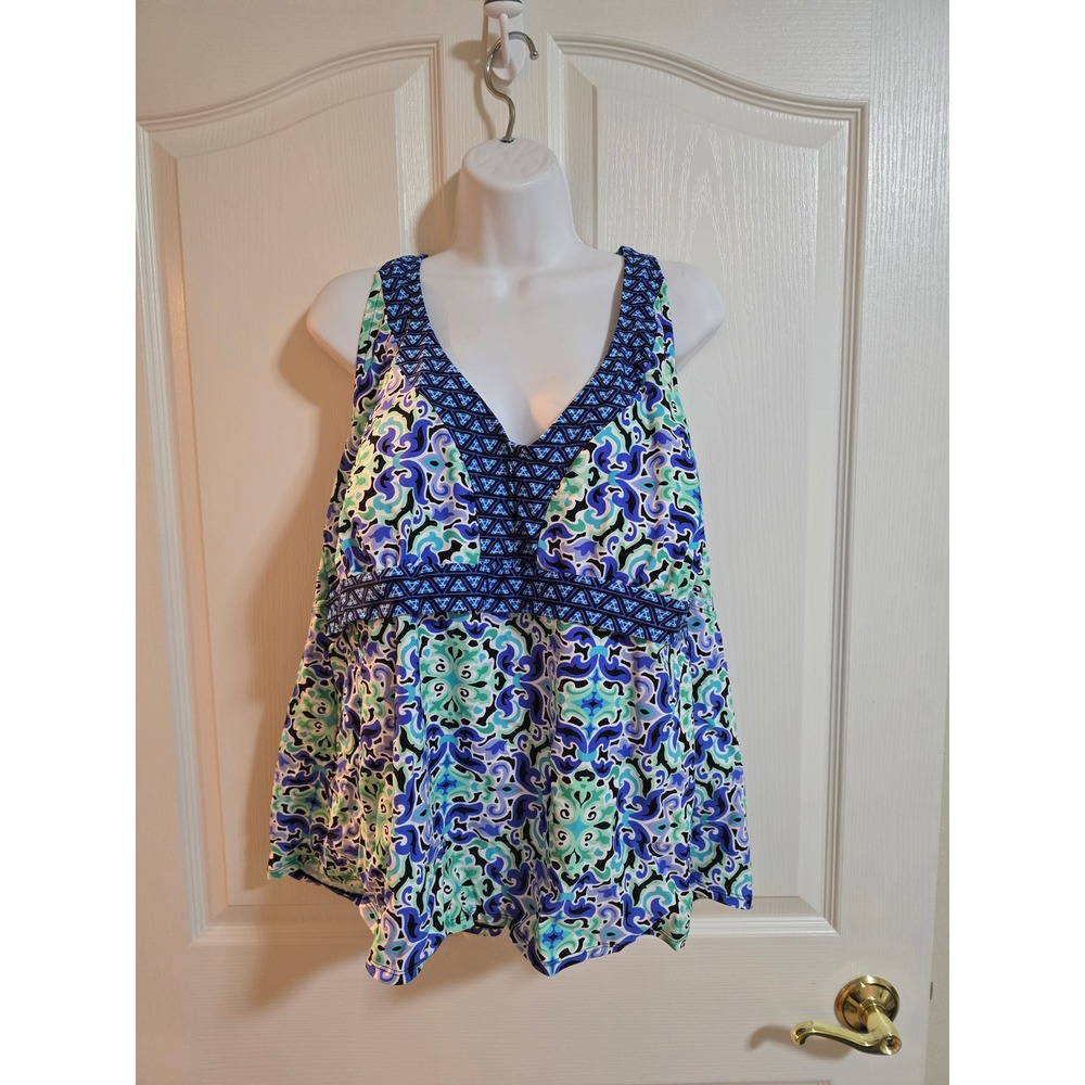 Pure Energy Plus Size 26W Swim Top Tankini Floral Blue Green V Neck /0332
